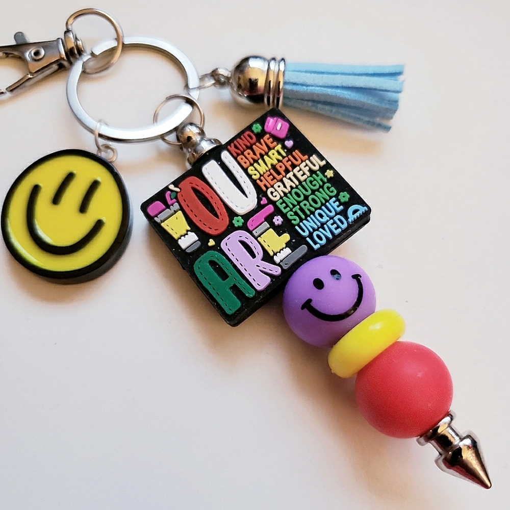 Handmade Positive You Are Enough Kind Brave Beaded Silicone Focal Bead Keychain